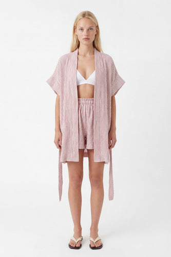 Crinkle Red Striped Short Kimono - Ikikiz