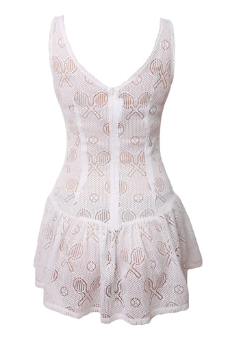 White Lace Tennis Dress with Vintage Drop-Waist Silhouette