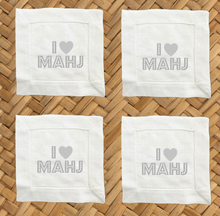 I Love Mahj Gray Linen Cocktail Napkins - 6 X 6 Inch Cloth Hemstitch Fabric Napkins - Set of 4 DDM