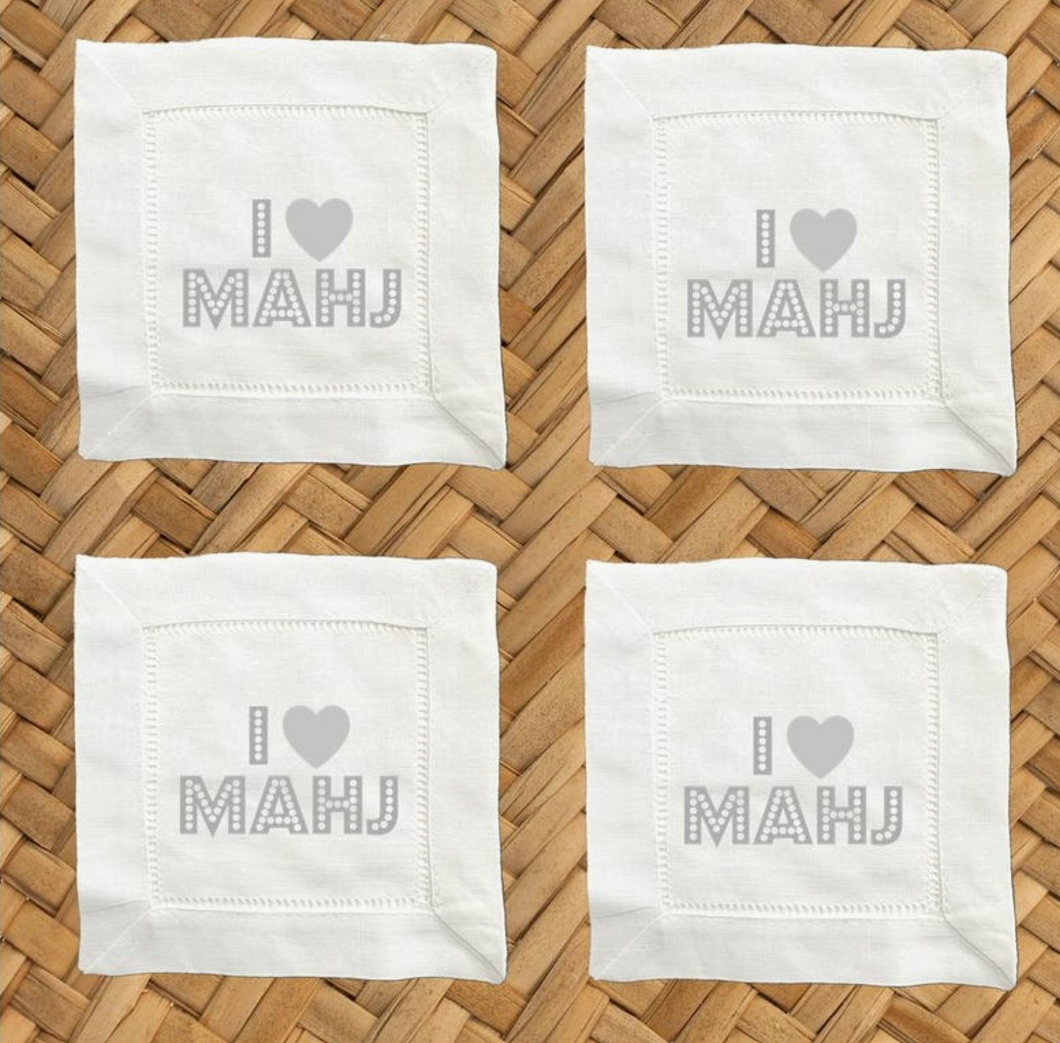 I Love Mahj Gray Linen Cocktail Napkins - 6 X 6 Inch Cloth Hemstitch Fabric Napkins - Set of 4 DDM