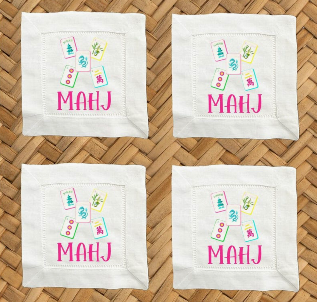 Mahj Linen Cocktail Napkins - 6 X 6 Inch Cloth Hemstitch Fabric Napkins - Set of 4 DDM