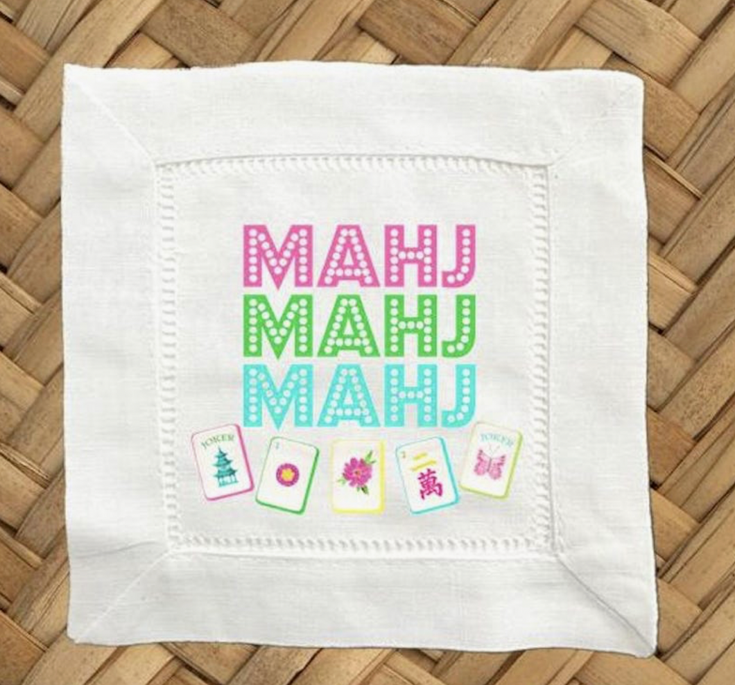 Mahj Mahj Mahj Linen Cocktail Napkins - 6 X 6 Inch Cloth Hemstitch Fabric Napkins - Set of 4 DDM